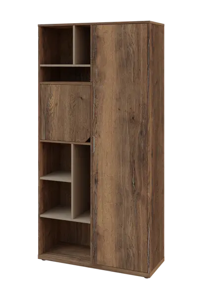 KSR6-83 P skříň šatní, 1x výsuvné ramínko, dvířka, niky, 2053x1022x400 mm, provedení pravé, korpus a dvířka dub halifax cínový/police latte